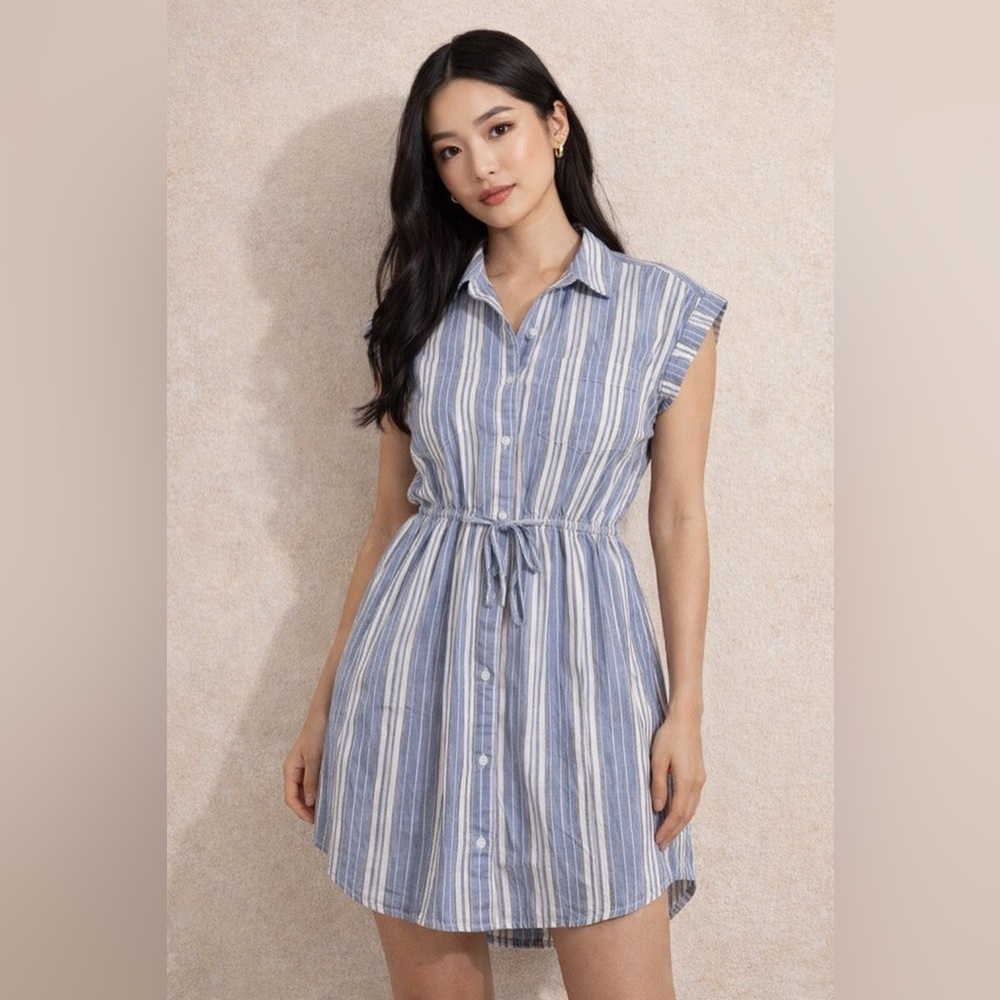 Japna Blue White Striped Button Front Dress Cottagecore Coastal Mini Cotton S